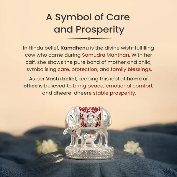 999 Silver Plated Kamdhenu Cow with Calf Idol