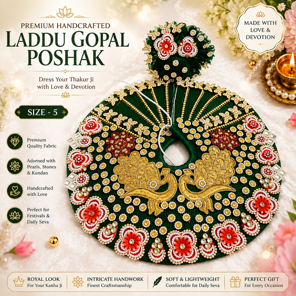 Designer Laddu Gopal Poshak – Emerald Green with Peacock Pattern