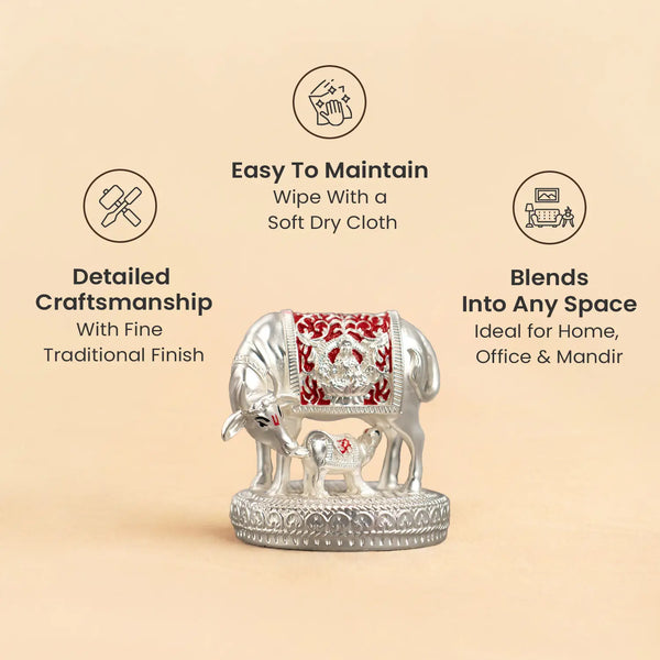 999 Silver Plated Kamdhenu Cow with Calf Idol