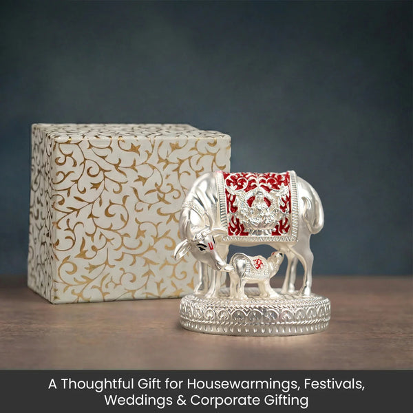 999 Silver Plated Kamdhenu Cow with Calf Idol