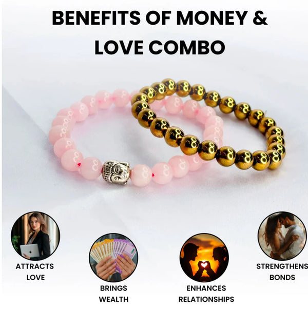 Money and Love Combo Set - Rose Quartz Bracelet with Buddha Head